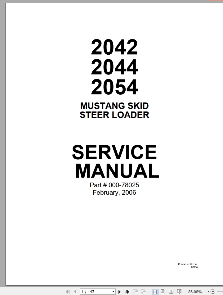 Mustang Skid Steer Loader 2042 2044 2054 Service Manual 000 78025