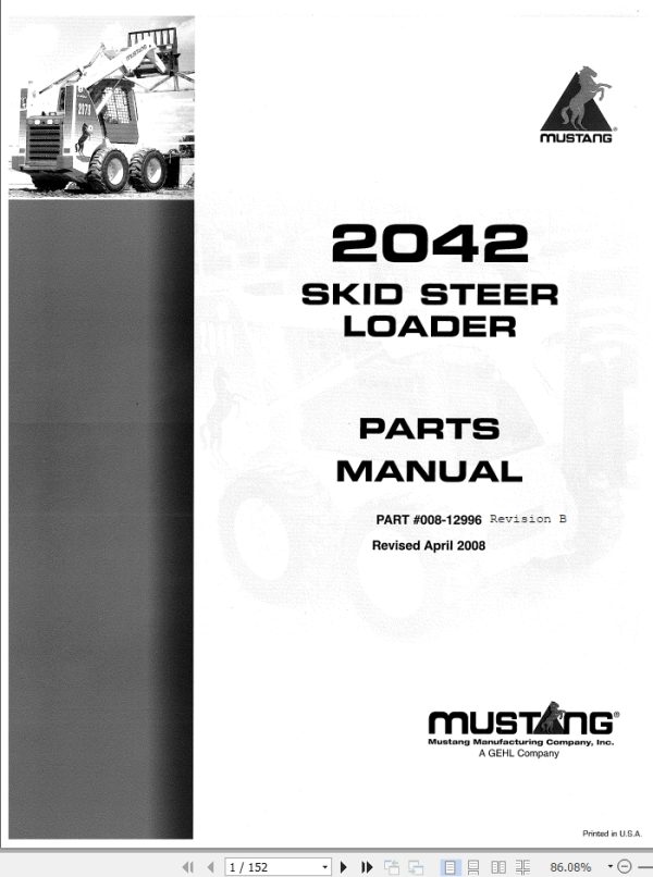 Mustang Skid Steer Loader 2042 Parts Manual 008 12996B