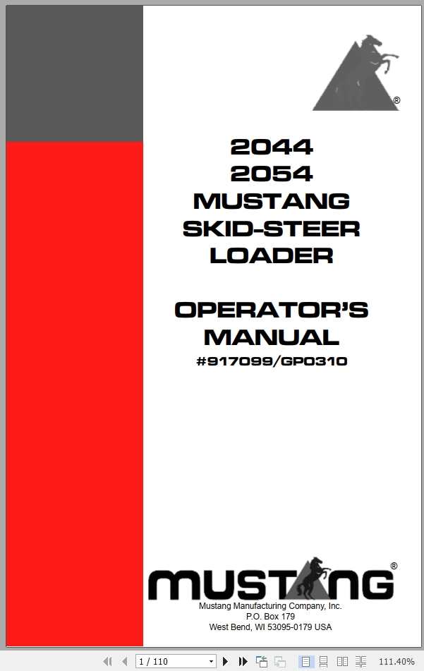 Mustang Skid Steer Loader 2044 2054 Operator Manual 917099
