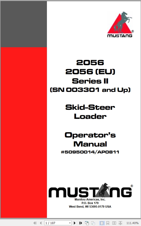 Mustang Skid Steer Loader 2056 Series II Operator Manual 50950014A