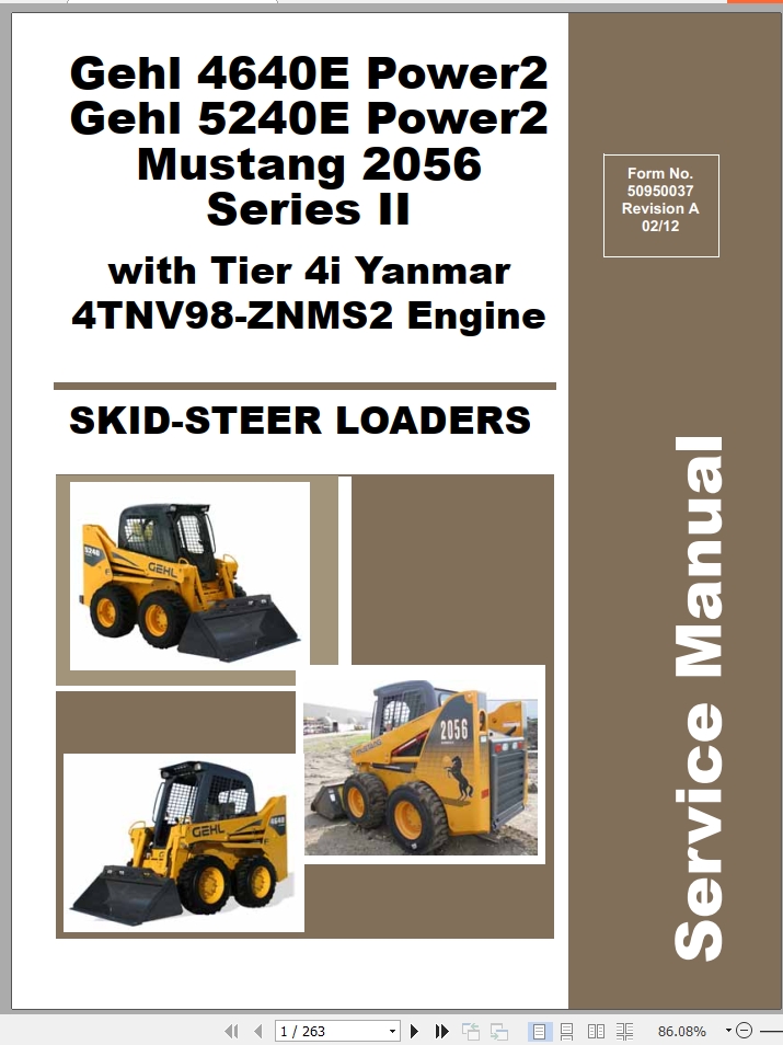 Mustang Skid Steer Loader 2056 Series II Service Manual 50950037A