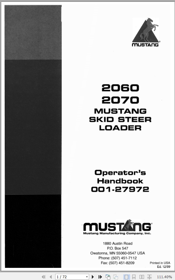 Mustang Skid Steer Loader 2060 2070 Operator Manual 001 27972A
