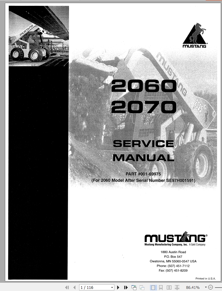 Mustang Skid Steer Loader 2060 2070 Service Manual 001 69975