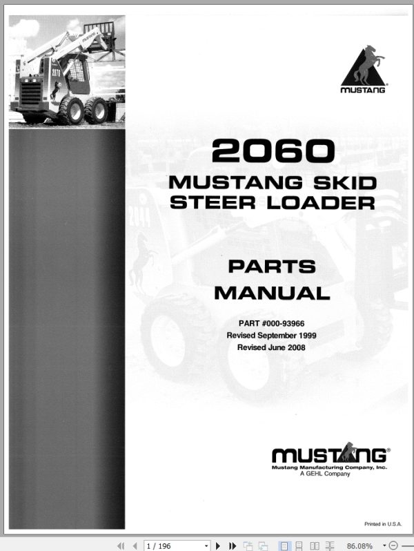 Mustang Skid Steer Loader 2060 Parts Manual 000 93966A