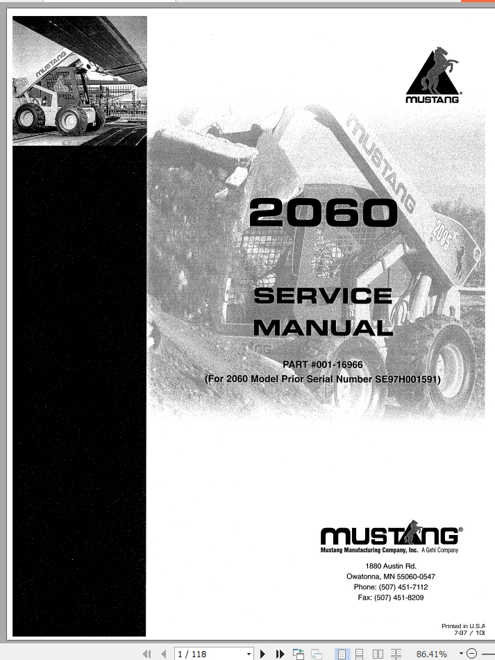 Mustang Skid Steer Loader 2060 Service Manual 001 16966A