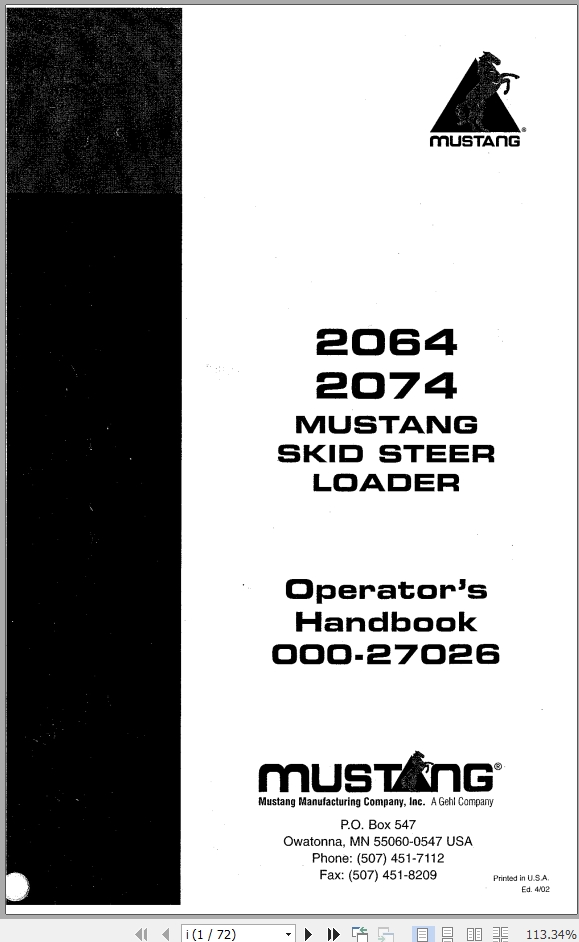 Mustang Skid Steer Loader 2064 2074 Operator Manual 000 27026