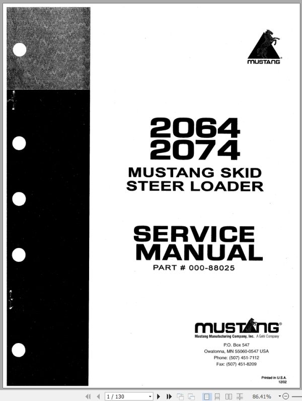 Mustang Skid Steer Loader 2064 2074 Service Manual 000 88025