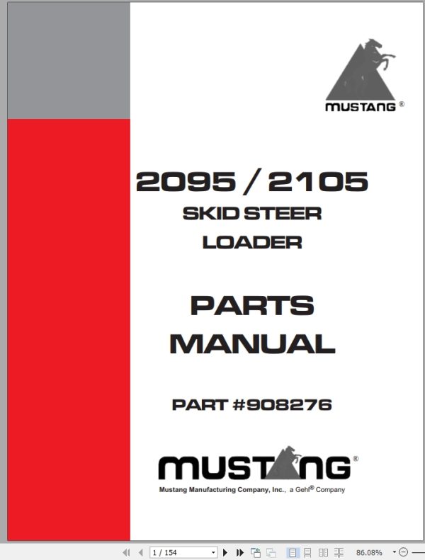 Mustang Skid Steer Loader 2095 2105 Parts Manual 908276C