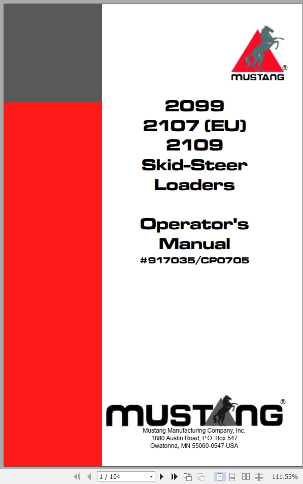 Mustang Skid Steer Loader 2099 2107 2109 Operator Manual 917035C
