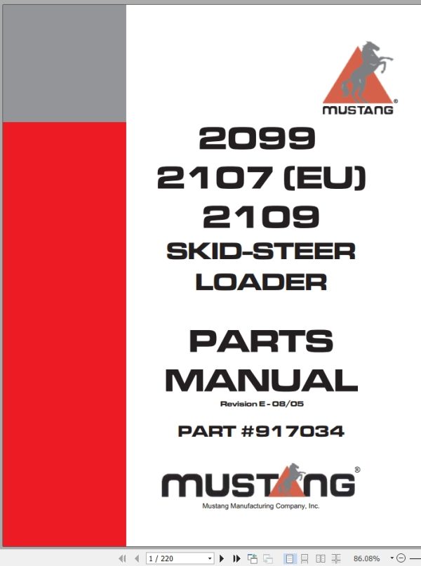 Mustang Skid Steer Loader 2099 2107 EU 2109 Parts Manual 917034E