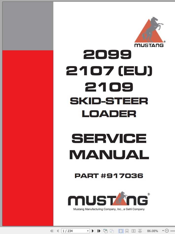 Mustang Skid Steer Loader 2099 2107 EU 2109 Service Manual 917036