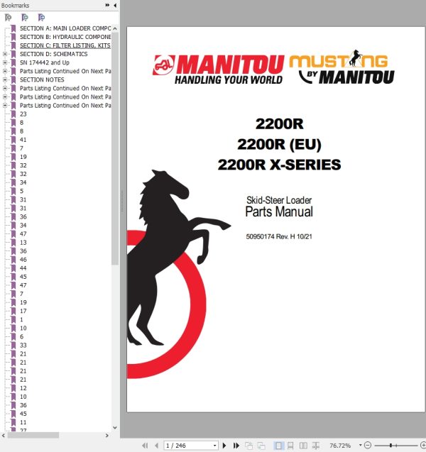 Mustang Skid Steer Loader 2200R Parts Manual 50950174H