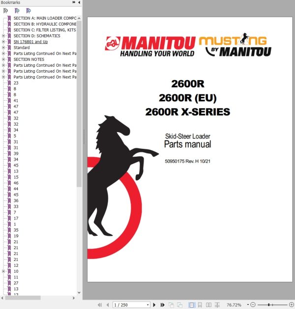 Mustang Skid Steer Loader 2600R Parts Manual 50950175H