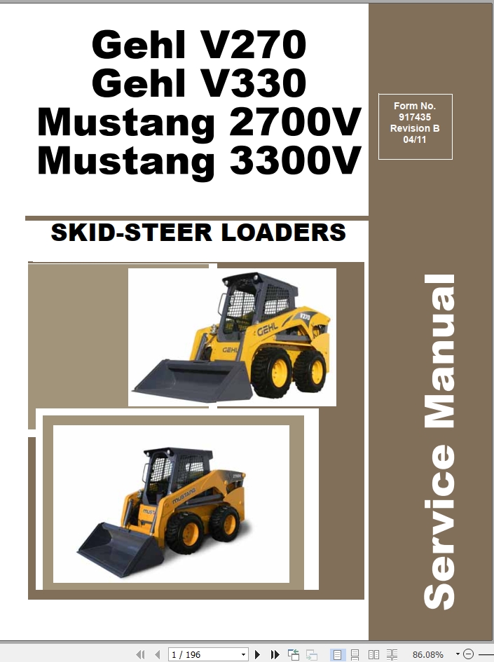 Mustang Skid Steer Loader 2700V 3300V Service Manual 917435B
