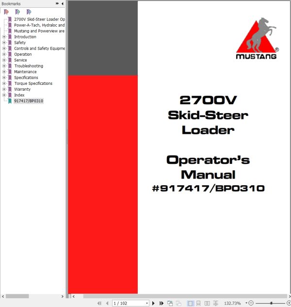 Mustang Skid Steer Loader 2700V Operator Manual 917417B