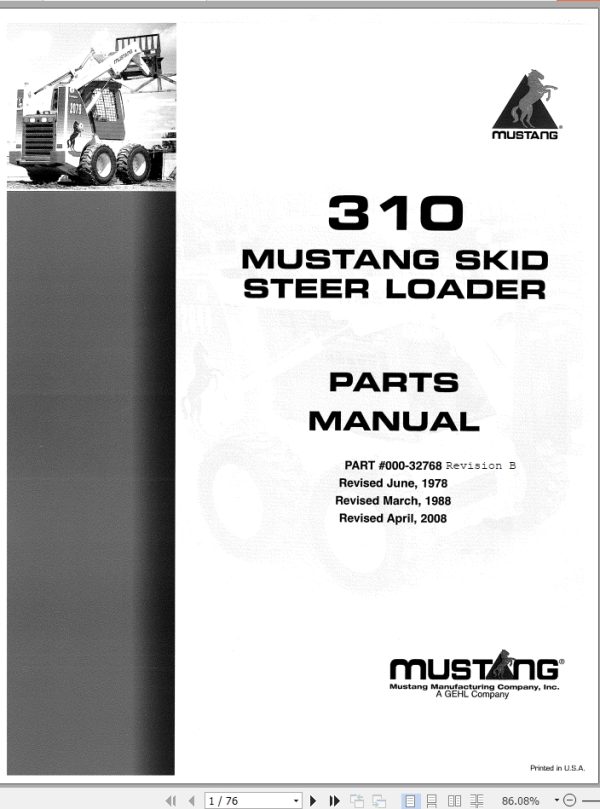 Mustang Skid Steer Loader 310 Parts Manual 000 32768B