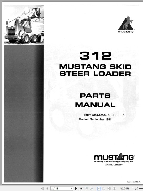 Mustang Skid Steer Loader 312 Parts Manual 000 96804B