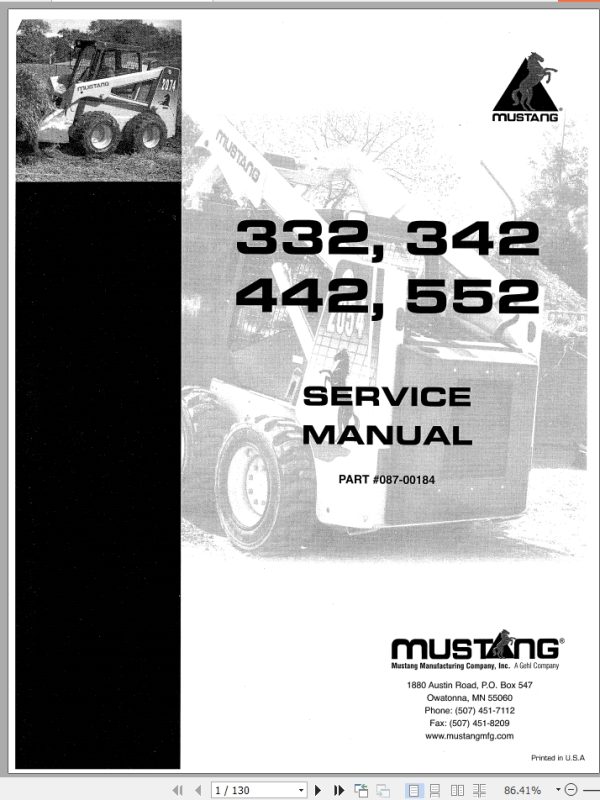 Mustang Skid Steer Loader 332 342 442 552 Service Manual 087 00184