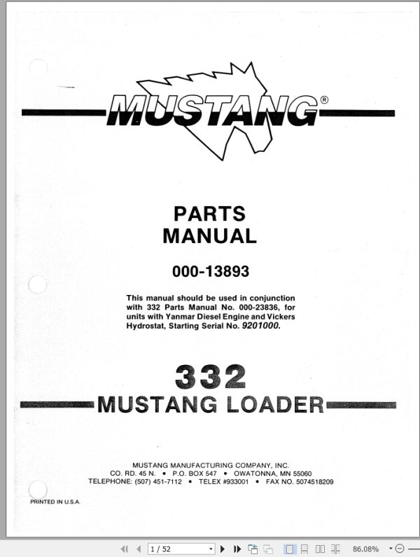Mustang Skid Steer Loader 332 Parts Manual 000 13893B