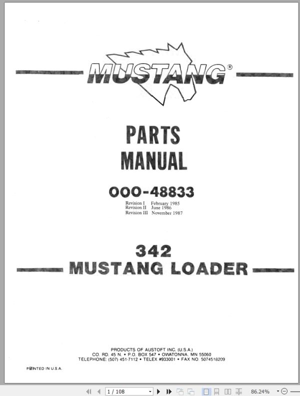 Mustang Skid Steer Loader 342 Parts Manual 000 48833