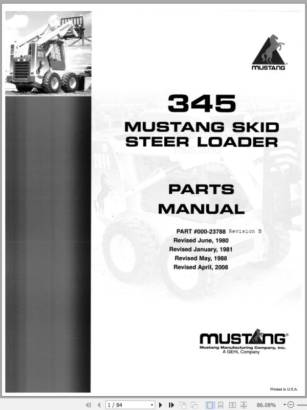 Mustang Skid Steer Loader 345 Parts Manual 000 23788B