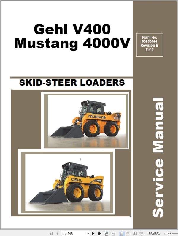 Mustang Skid Steer Loader 4000V Gehl V400 Service Manual 50950064B