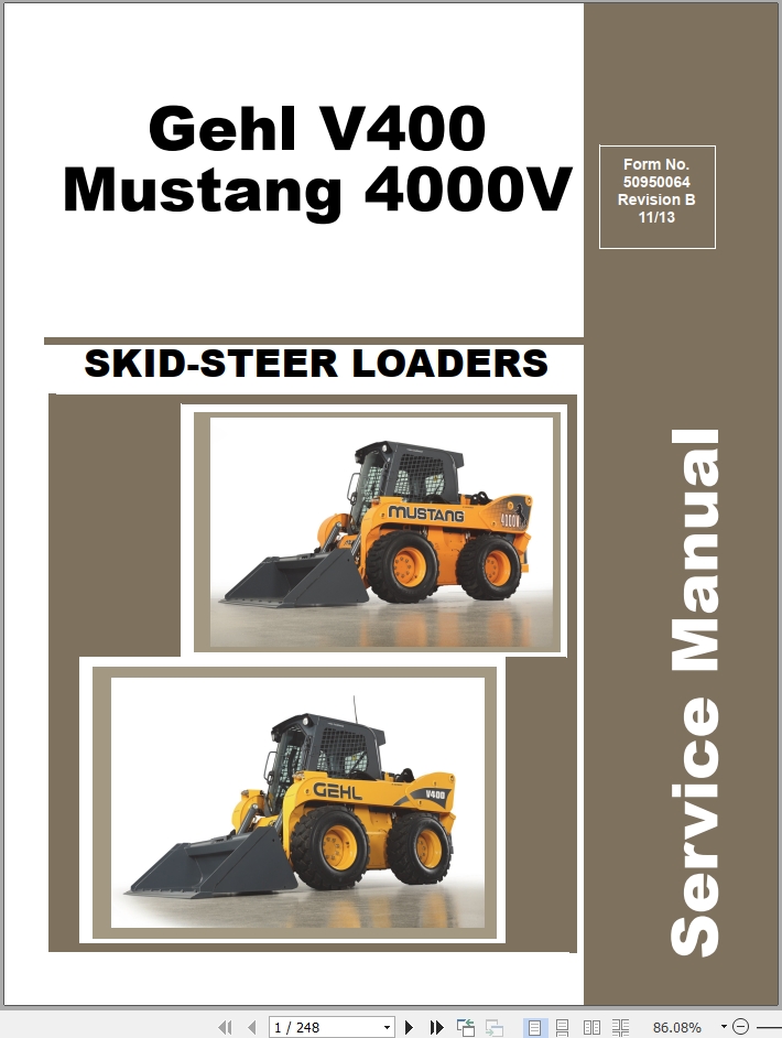 Mustang Skid Steer Loader 4000V Gehl V400 Service Manual 50950064B