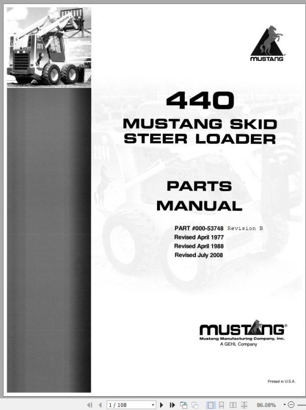Mustang Skid Steer Loader 440 Parts Manual 000 53748B