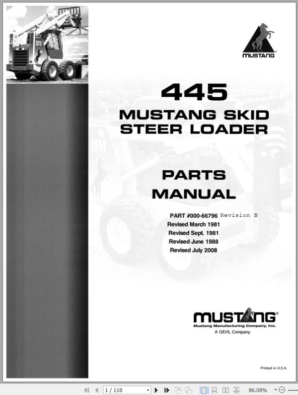 Mustang Skid Steer Loader 445 Parts Manual 000 66796B