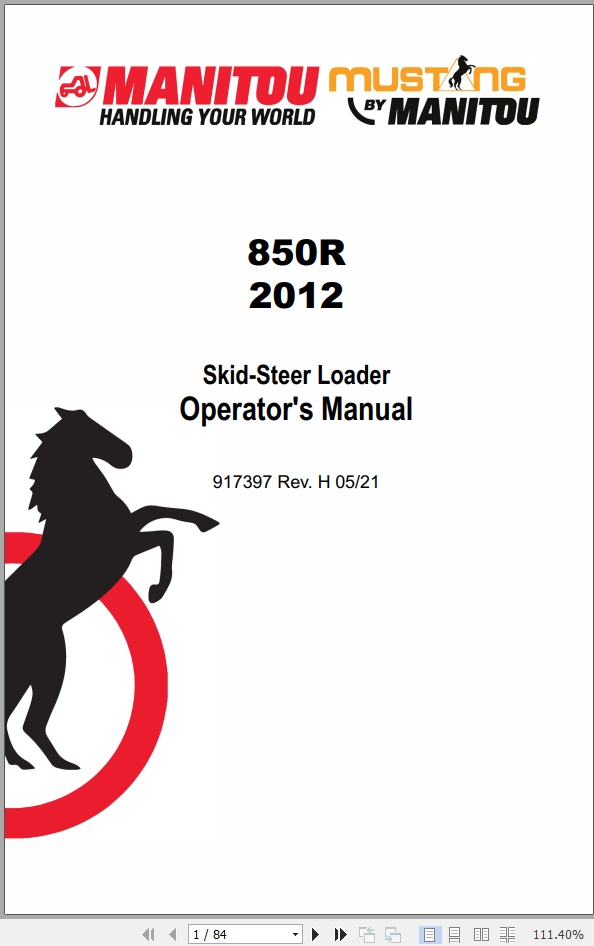 Mustang Skid Steer Loader 850R 2012 Operator Manual 917397H
