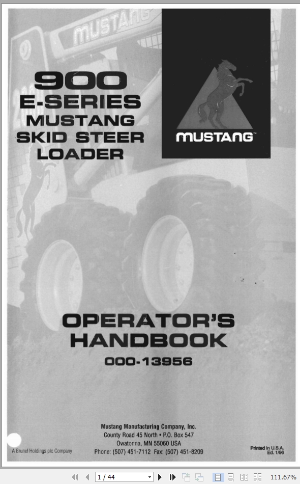 Mustang Skid Steer Loader 900E Operator Manual 000 13956
