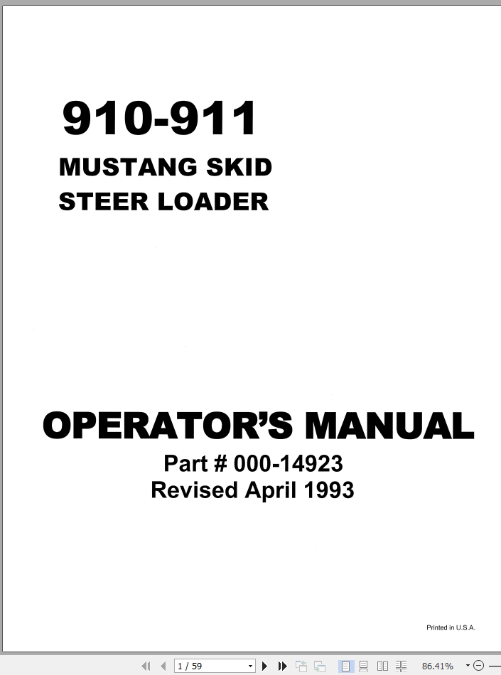 Mustang Skid Steer Loader 910 911 Operator Manual 000 14923B