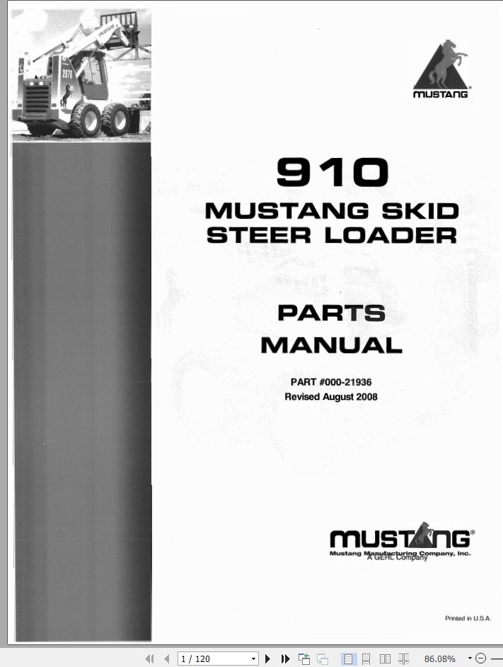 Mustang Skid Steer Loader 910 Parts Manual 000 21936B