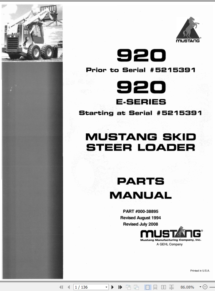 Mustang Skid Steer Loader 920 920E Parts Manual 000 38895B