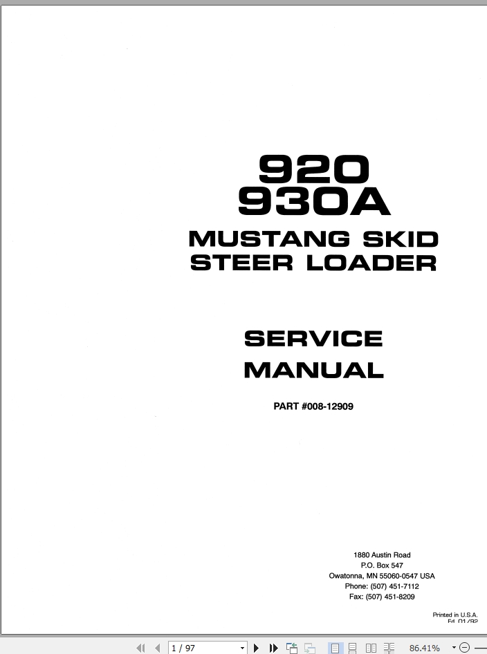 Mustang Skid Steer Loader 920 930A Service Manual 008 12909A