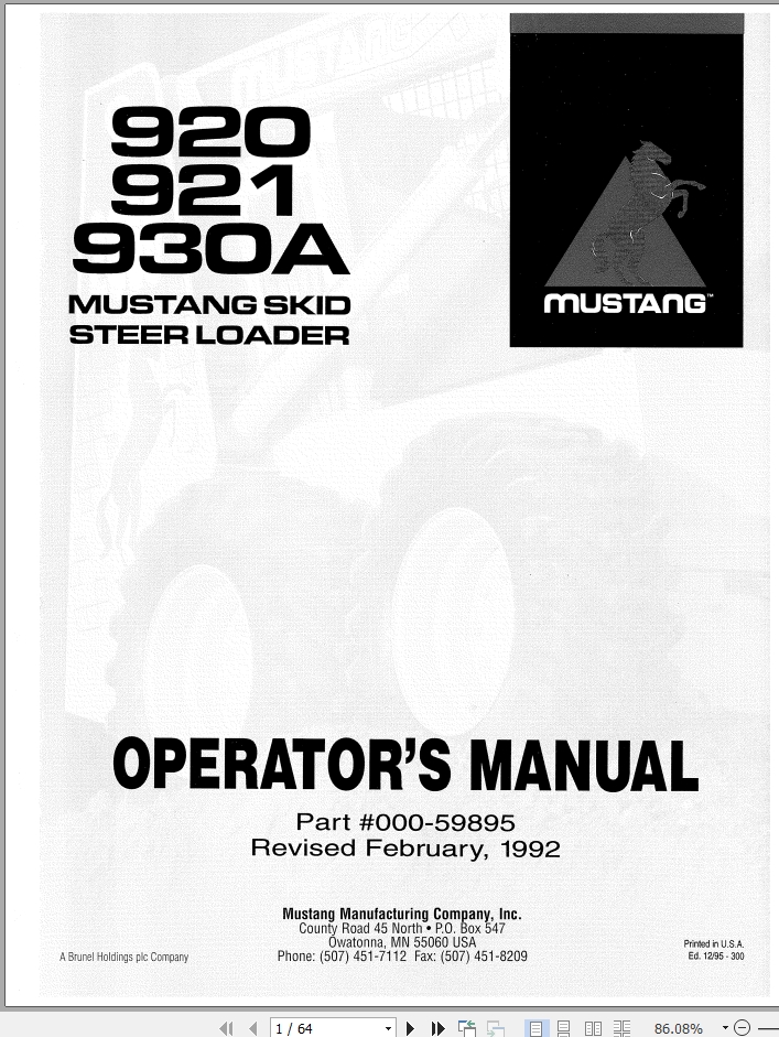 Mustang Skid Steer Loader 921 920 930A Operator Manual 000 59895A