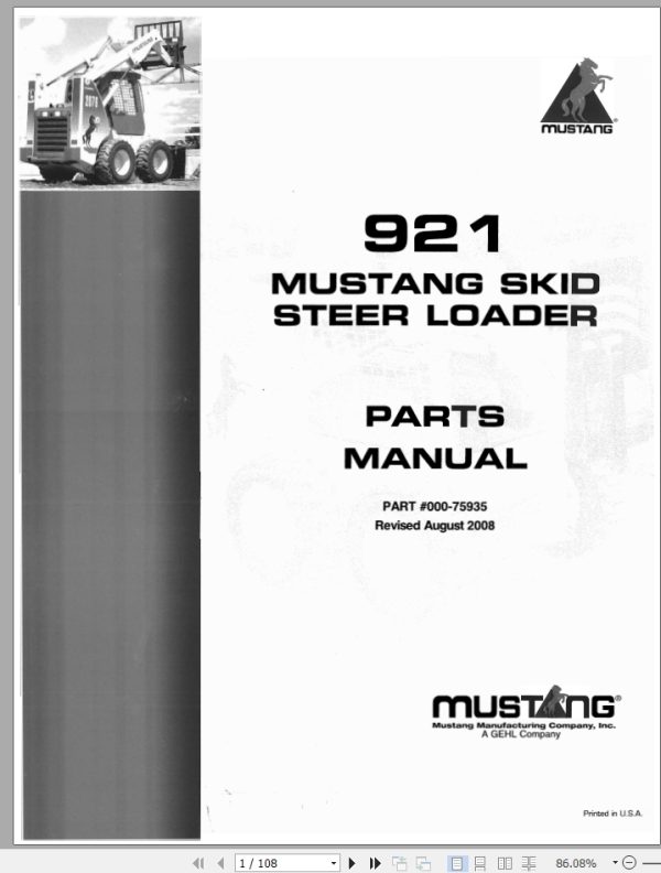 Mustang Skid Steer Loader 921 Parts Manual 000 75935B