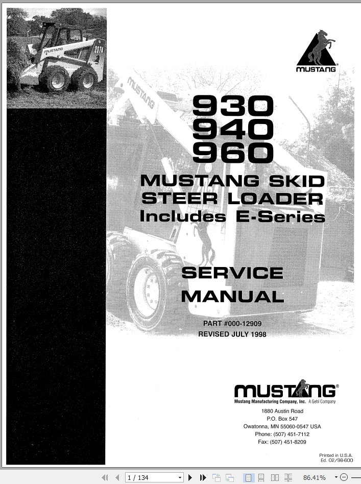 Mustang Skid Steer Loader 930 940 960 Service Manual 000 12909