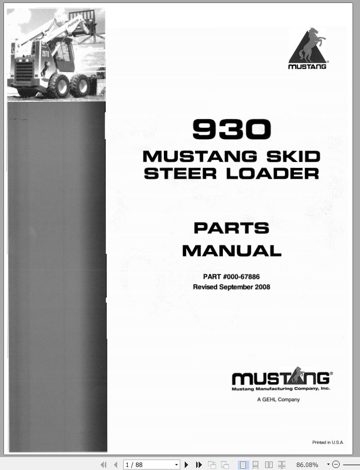 Mustang Skid Steer Loader 930 Parts Manual 000 67886B