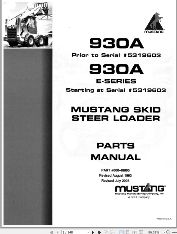 Mustang Skid Steer Loader 930AE 930A Parts Manual 000 48895B