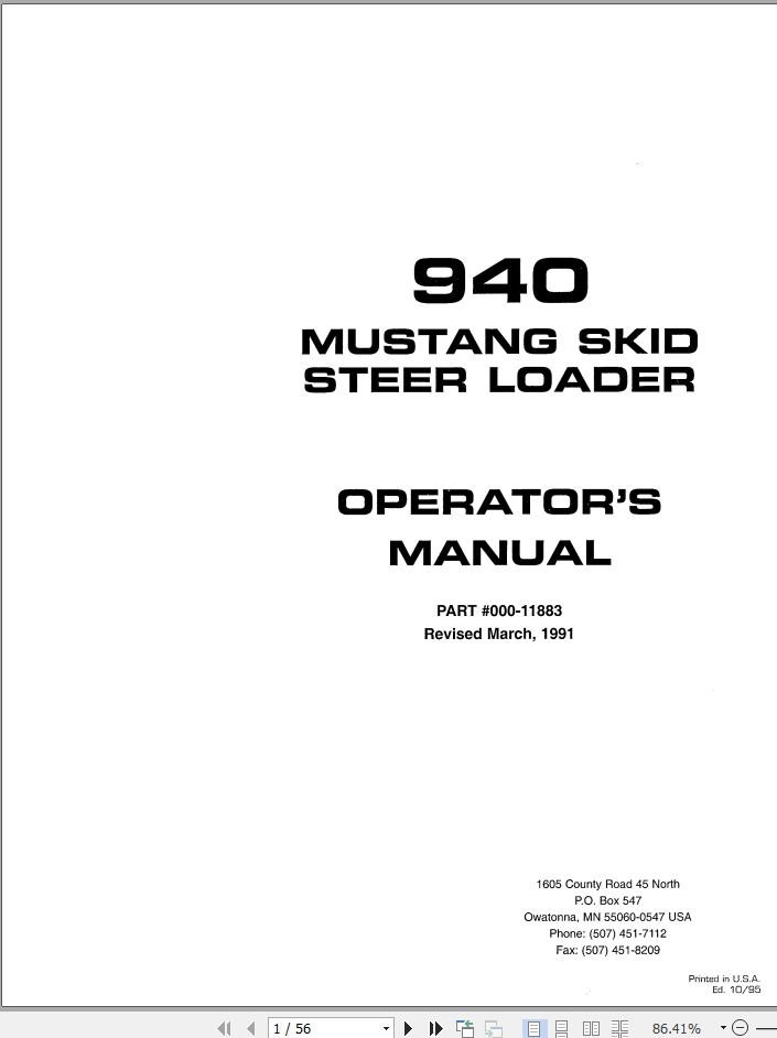 Mustang Skid Steer Loader 940 Operator Manual 000 11883A