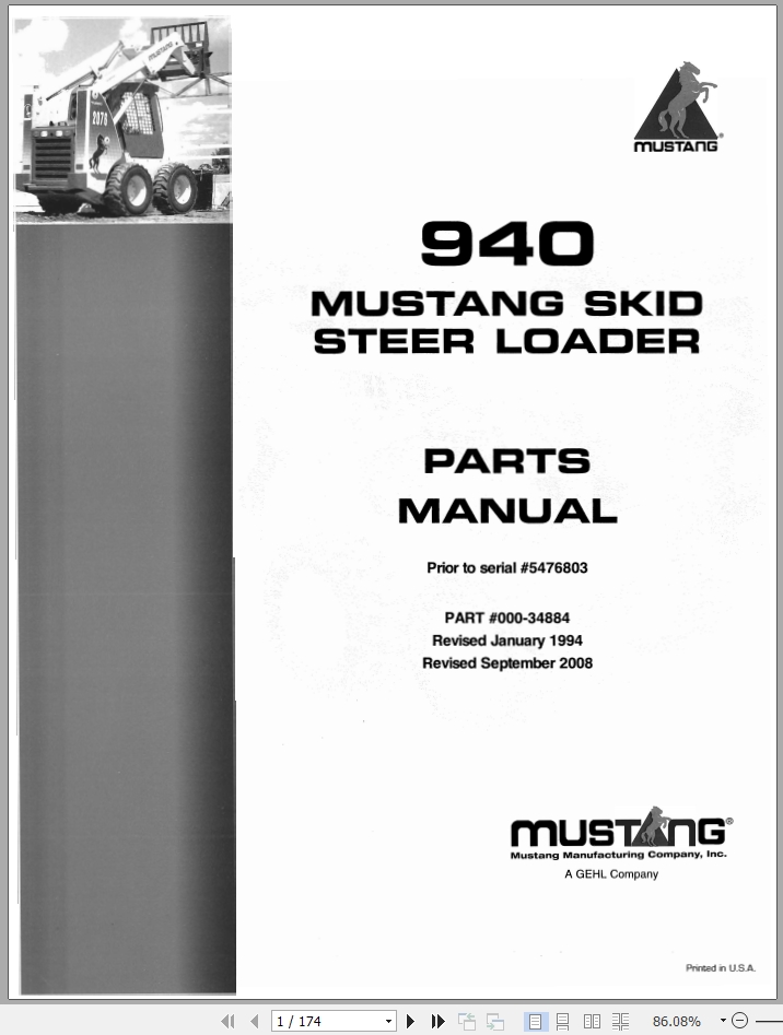 Mustang Skid Steer Loader 940 Parts Manual 000 34884B