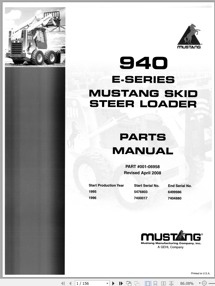 Mustang Skid Steer Loader 940E Parts Manual 001 06958B