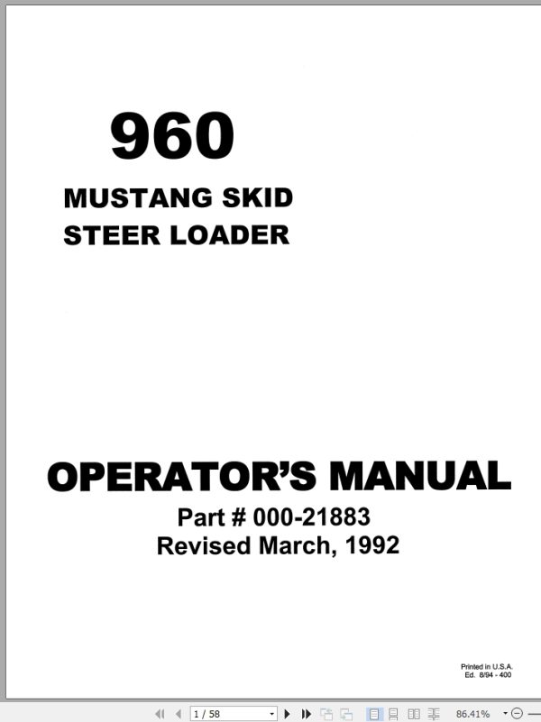 Mustang Skid Steer Loader 960 Operator Manual 000 21883A