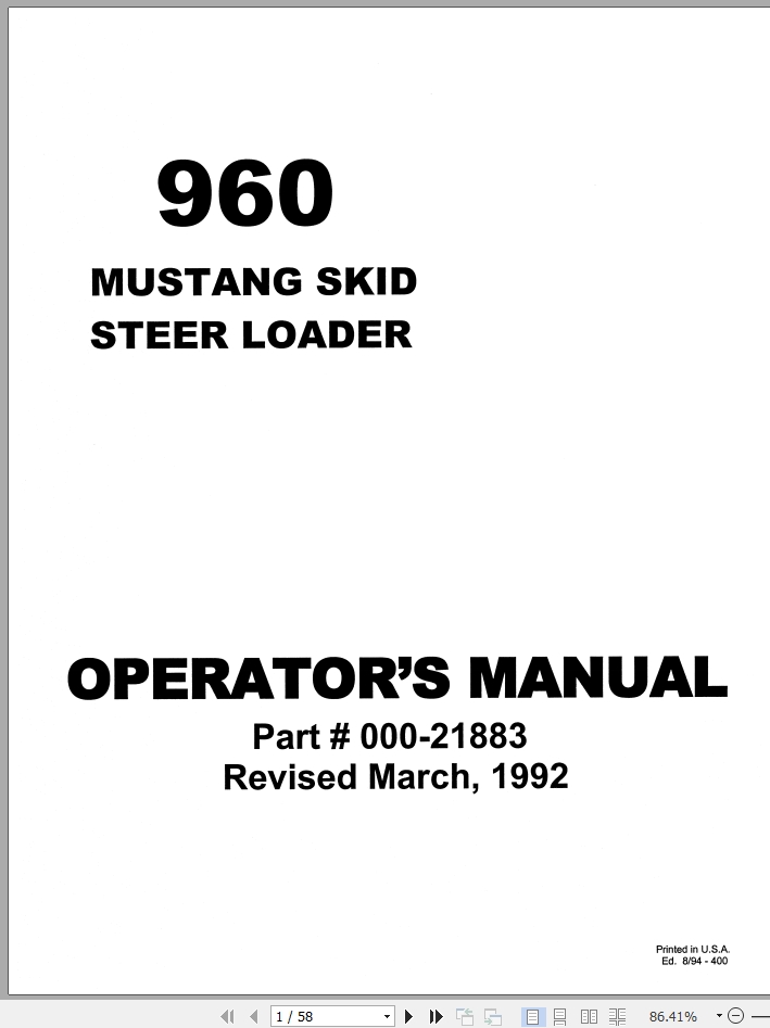 Mustang Skid Steer Loader 960 Operator Manual 000 21883A