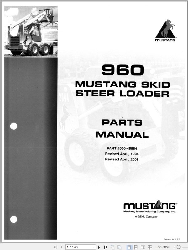 Mustang Skid Steer Loader 960 Parts Manual 000 45884B