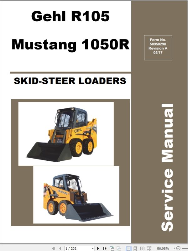 Mustang Skid Steer Loader R105 Mustang 1050R Service Manual 50950298A