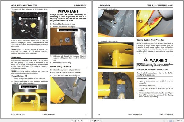 Mustang Skid Steer Loader R105 Mustang 1050R Service Manual 50950298A 1