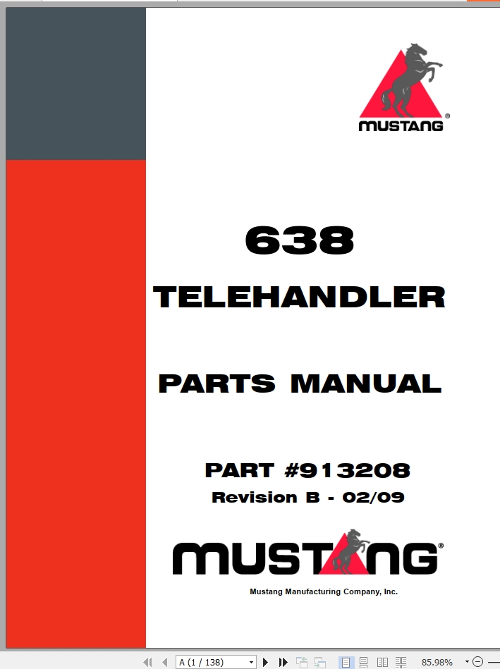 Mustang Telehandler 638 Parts Manual 913208B