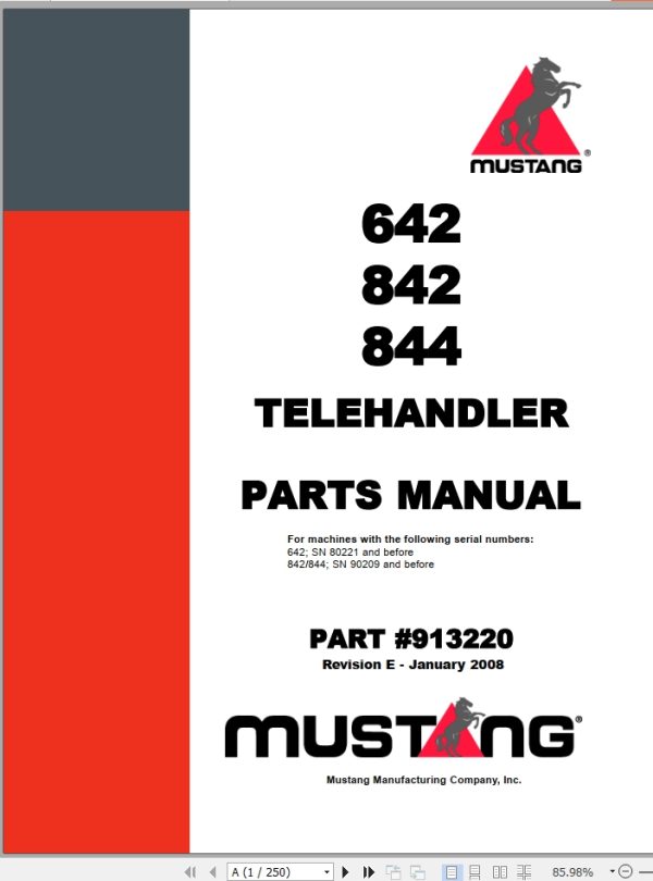 Mustang Telehandler 642 842 844 Parts Manual